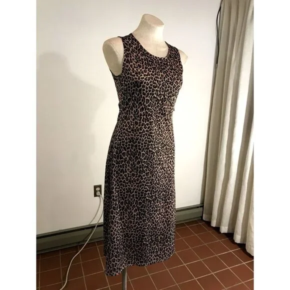 Vintage 90s JOULE Leopard Print Sleeveless Midi Dress Small Animal Print Brown